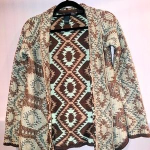 Quinn Aztec cardigan sweater sz small brown teal &‎ cream colored